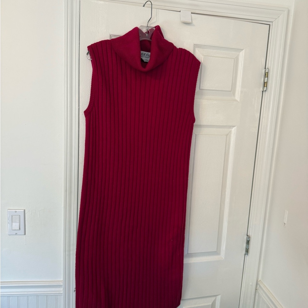 Red Ribbed Sleeveless Turtleneck Midi Dress